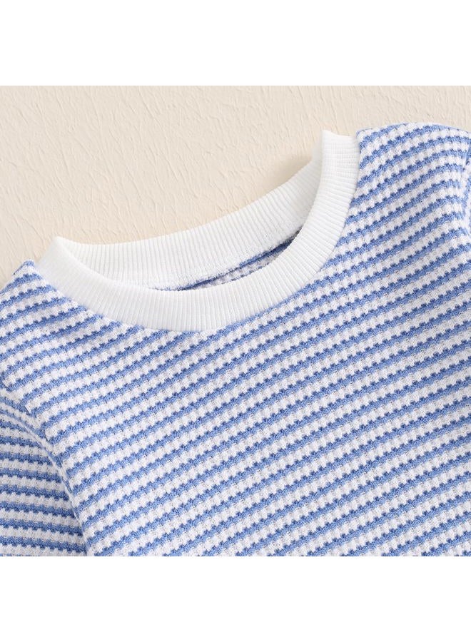 allshope Baby Boy Fall Clothes Set Long Sleeve Crewneck Sweatshirts Pants Infant Newborn Waffle Stripe Outfits 6 12 18 24 Months, Stripe Blue, 12-18 months - Image 4
