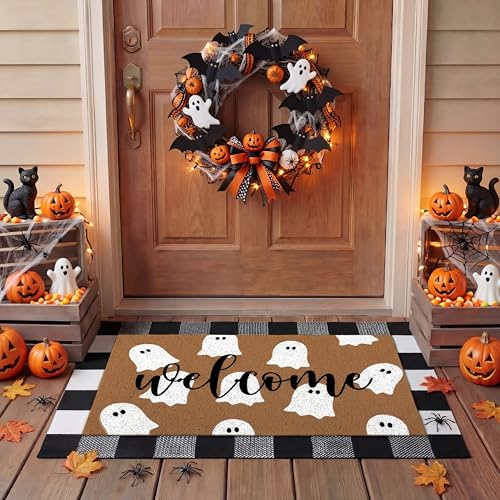 Tinideya 2 Pcs Door Mat Welcome Non Slip Coir Mats Floor Layering Doormats Seasonal for Front Porch Entryway DecorPlaid Ghost - Image 1