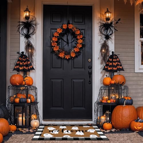 Tinideya 2 Pcs Door Mat Welcome Non Slip Coir Mats Floor Layering Doormats Seasonal for Front Porch Entryway DecorPlaid Ghost - Image 3