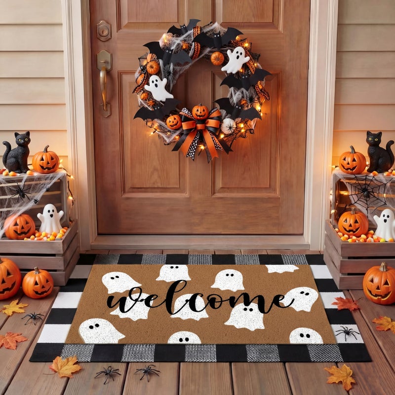 Tinideya 2 Pcs Door Mat Welcome Non Slip Coir Mats Floor Layering Doormats Seasonal for Front Porch Entryway DecorPlaid Ghost - Image 2