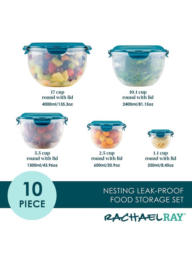 Rachael Ray Leak-Proof Nestable Container Food Storage Bin Set, 10-Piece Round, Teal Lid - Image 2