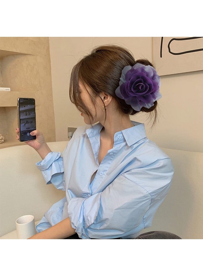 Cinaci 4 Pack Chiffon Big Rose Flower Bow Plastic Hair Claw Clips Barrettes Clamps Ponytail Holder Buns Chignon Holder Accessories For Women Girls - Image 4