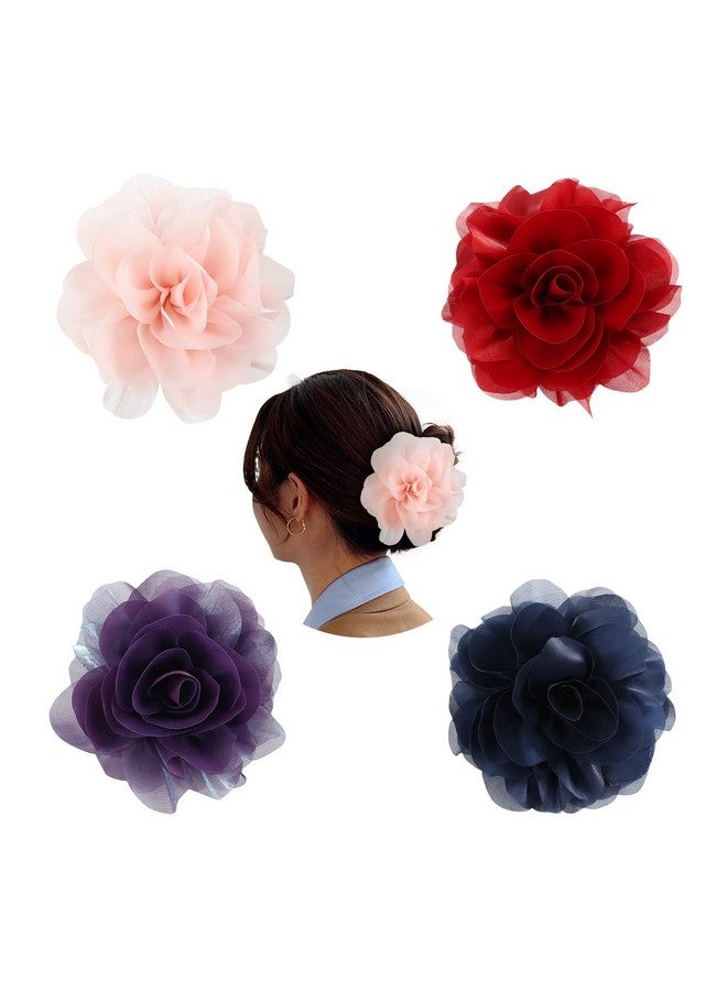 Cinaci 4 Pack Chiffon Big Rose Flower Bow Plastic Hair Claw Clips Barrettes Clamps Ponytail Holder Buns Chignon Holder Accessories For Women Girls - Image 2
