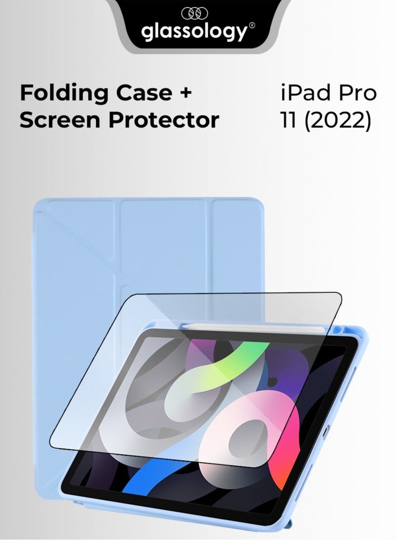جلاسولوجي iPad Protective Case Y Fold + Screen Protector for iPad Pro 11 2022 Blue, Case Combo with Pencil Holder, Slim Stand Shockproof Tablet Cover, Auto Wake, Sleep with Screen Protector - Image 1