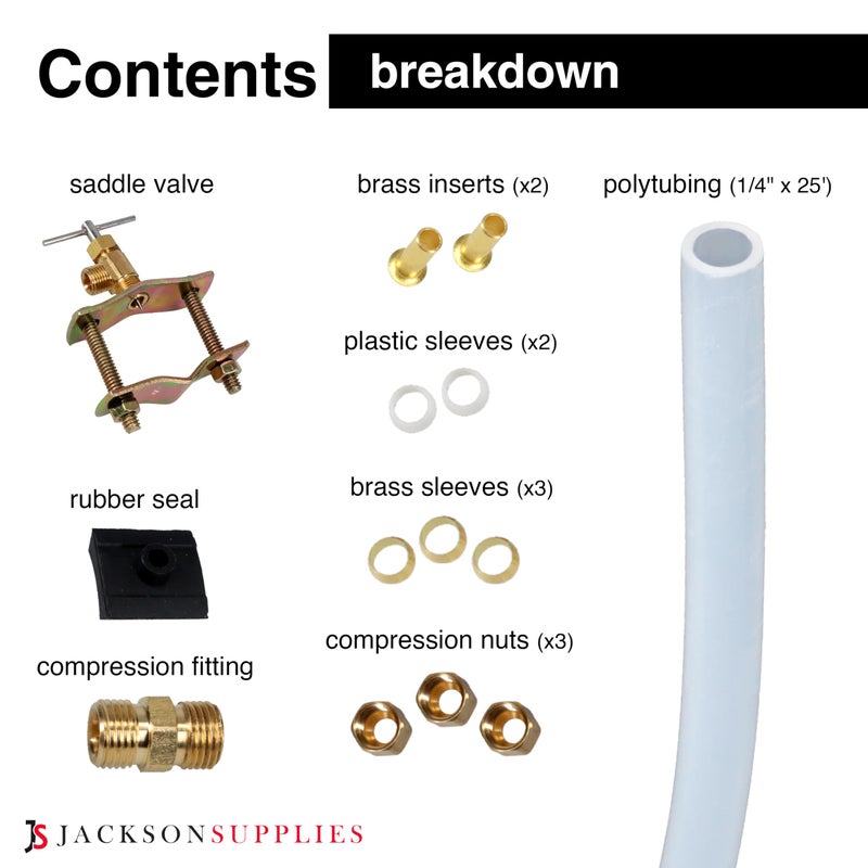 JS Jackson Supplies Ice Maker Supply Line and Humidifier Installation Kit for Refrigerators & Freezers, 1/4â€ x 25â€™ Poly Tubing, Includes Quick Connect Saddle Valve, Compression Fittings and Adapters - Image 2