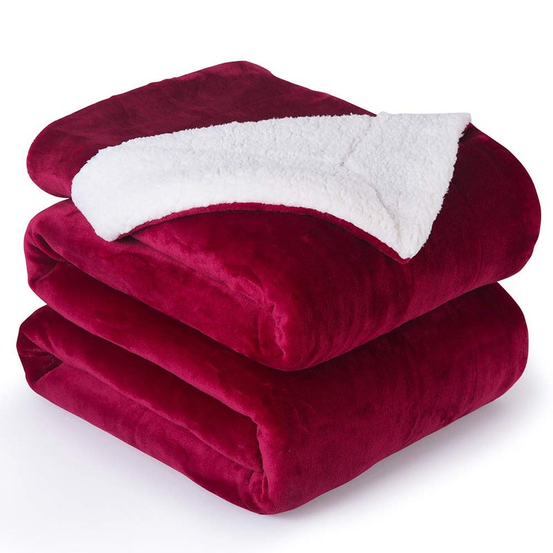 NANPIPER Bed Blanket Reversible Sherpa Flannel Blanket Super Soft Fuzzy Plush Fleece Microfiber 90x90 Wine Red Queen