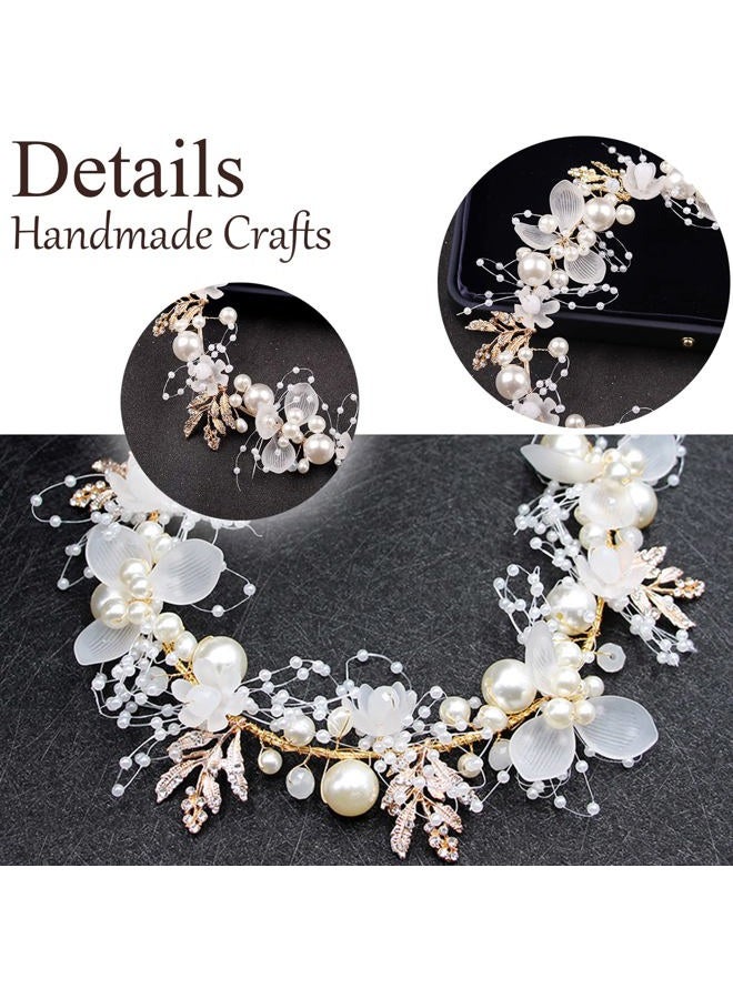 KAYZON Wedding Hair Accessories for Kids, Flower Girl Accessory, Princess Headpiece White Headband Pearl and Girls Cute Bridal Band, Women's Fashion Headbands, Flower Pearl Gold - Image 5