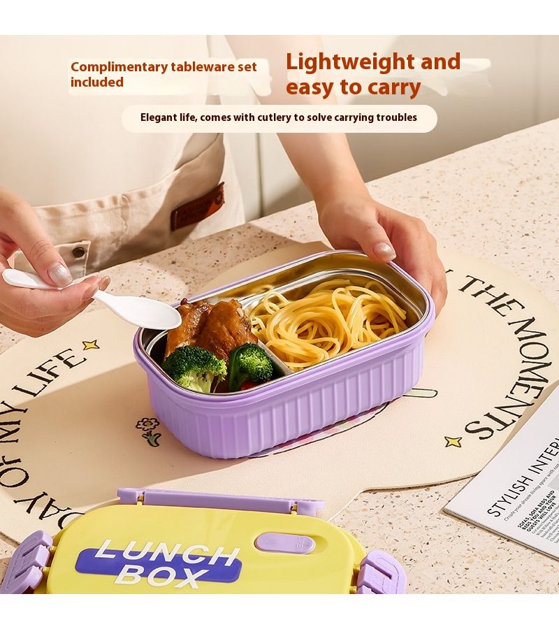 304 Stainless Steel Microwaveable Bento Box With Lid Blue Green Striped Fresh Keeping For Office - Image 4