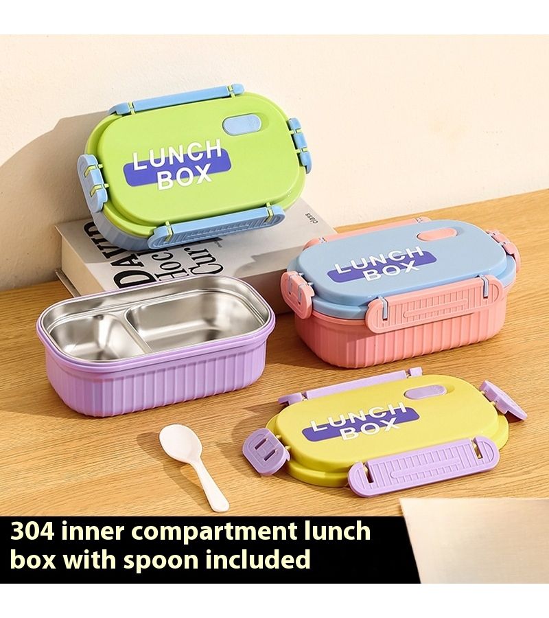 304 Stainless Steel Microwaveable Bento Box With Lid Blue Green Striped Fresh Keeping For Office - Image 1