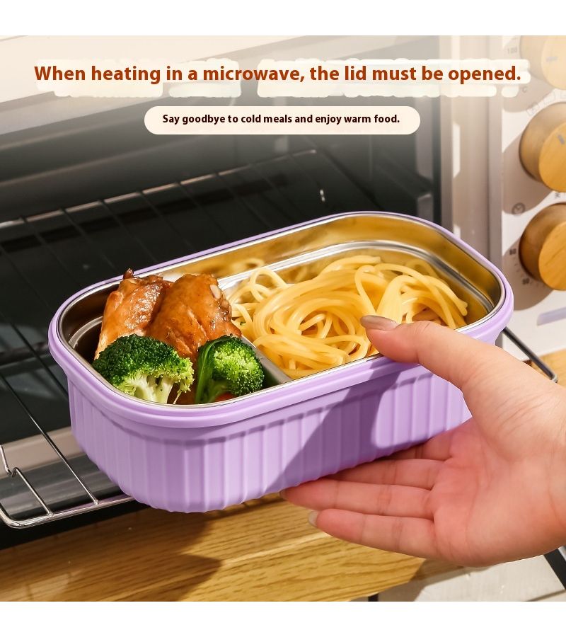 304 Stainless Steel Microwaveable Bento Box With Lid Blue Green Striped Fresh Keeping For Office - Image 2