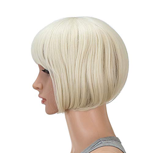 SWACC 10 Inch Short Straight Bob Wig with Bangs Synthetic Colorful Cosplay Daily Party Flapper Wig for Women with Wig Cap (Platinum Blonde) - Image 4