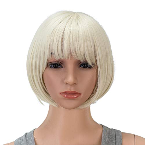 SWACC 10 Inch Short Straight Bob Wig with Bangs Synthetic Colorful Cosplay Daily Party Flapper Wig for Women with Wig Cap (Platinum Blonde) - Image 1