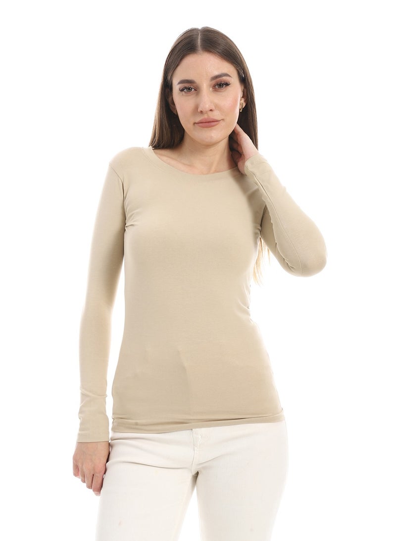 Andora Round Neck Slip On Beige Basic Top_Beige - Image 1