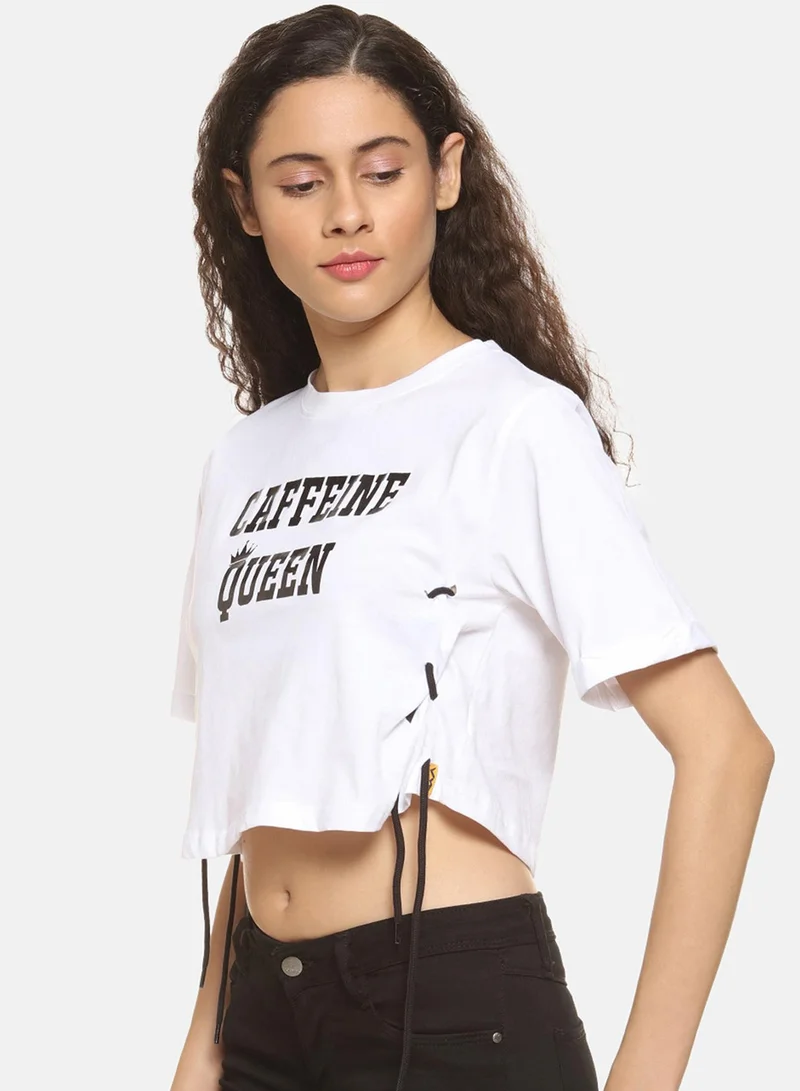 Campus Sutra Women's Chalk White Caffiene-Queen Imprint Boxy Crop Top