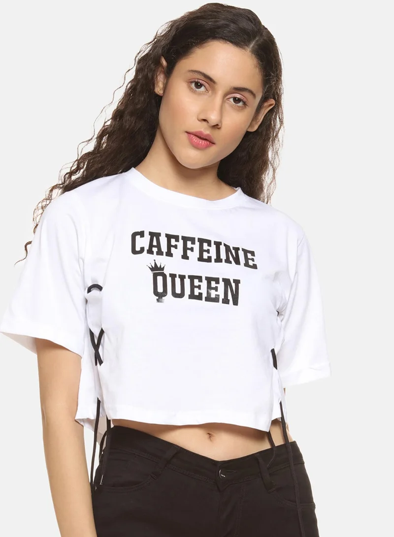 Campus Sutra Women's Chalk White Caffiene-Queen Imprint Boxy Crop Top