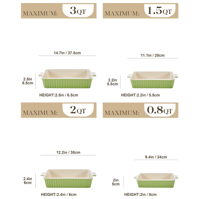MALACASA Bakeware Set of 4, Porcelain Baking Pans Set for Oven, Casserole Dish, Ceramic Rectangular Baking Dish Lasagna Pans for Cooking Cake Kitchen, Green (9.4"/11.1"/12.2"/14.7"), Series BAKE.BAKE - Image 2