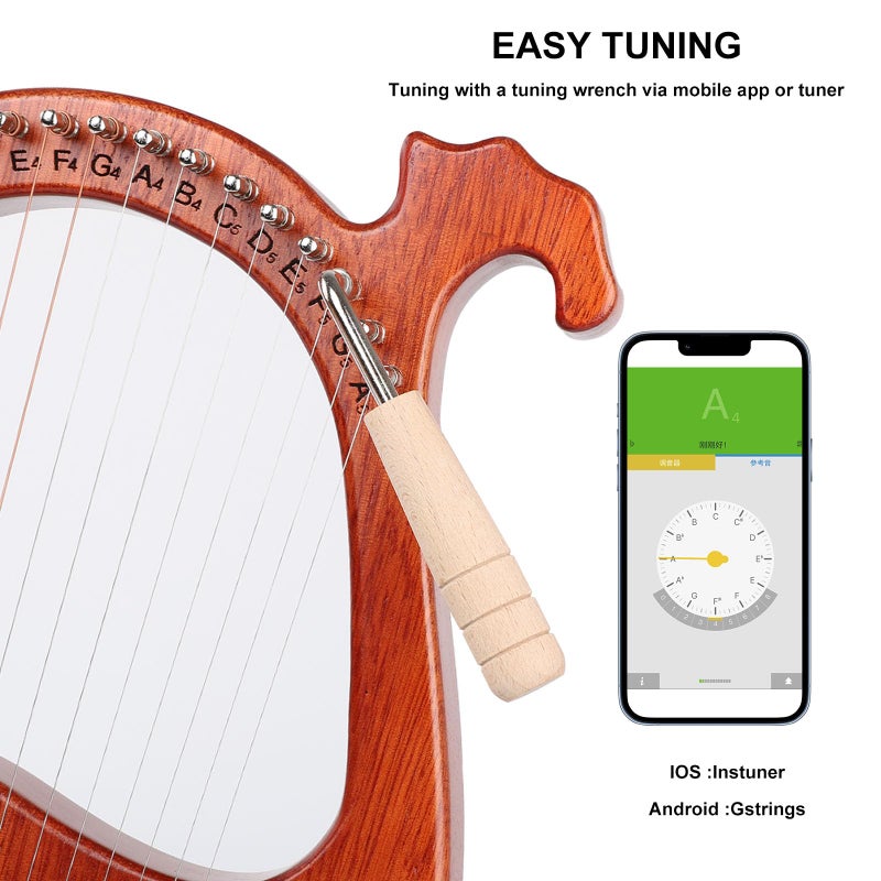 LIEKE Lyre Harp 16 Metal Strings,Mahogany Body and Copper Saddle,Mini Harp instrument Gift with Bag Tuning Wrench for Beginner Musician - Image 5