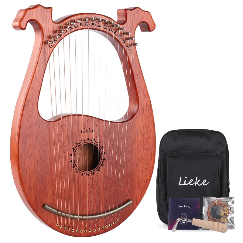 LIEKE Lyre Harp 16 Metal Strings,Mahogany Body and Copper Saddle,Mini Harp instrument Gift with Bag Tuning Wrench for Beginner Musician - Image 1