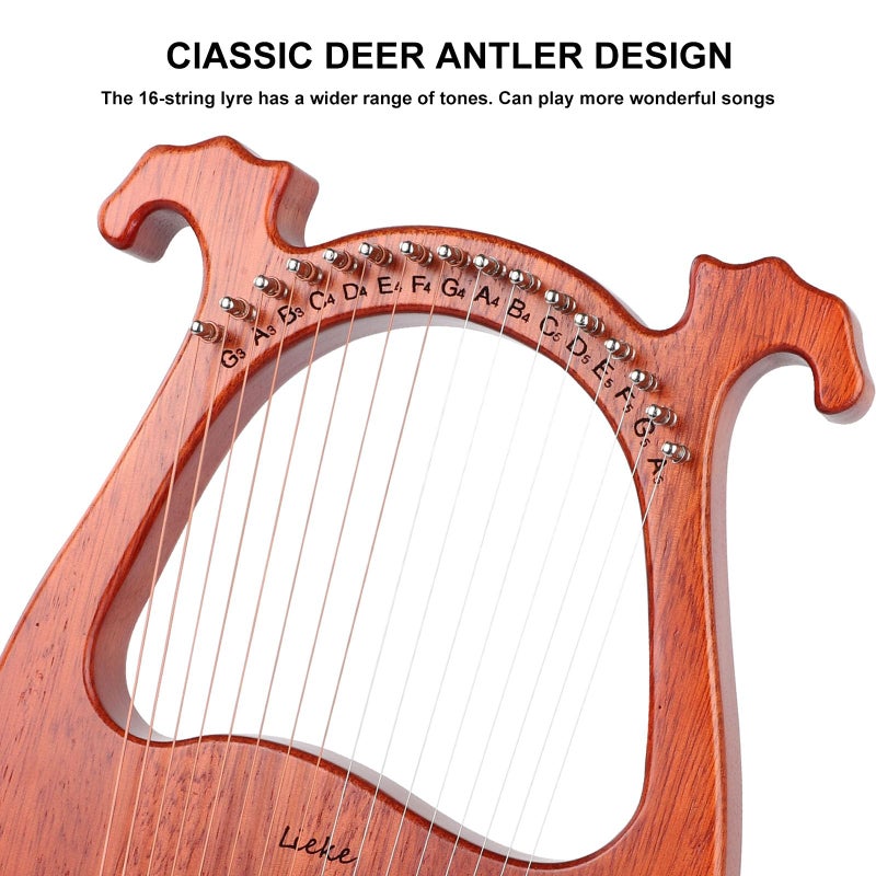 LIEKE Lyre Harp 16 Metal Strings,Mahogany Body and Copper Saddle,Mini Harp instrument Gift with Bag Tuning Wrench for Beginner Musician - Image 4