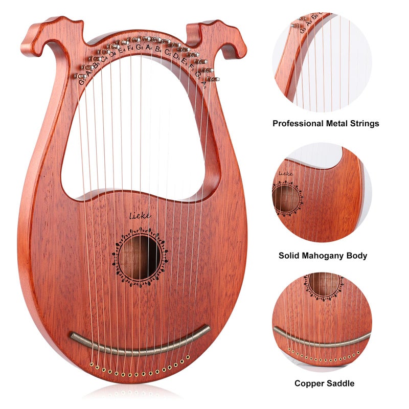 LIEKE Lyre Harp 16 Metal Strings,Mahogany Body and Copper Saddle,Mini Harp instrument Gift with Bag Tuning Wrench for Beginner Musician - Image 2