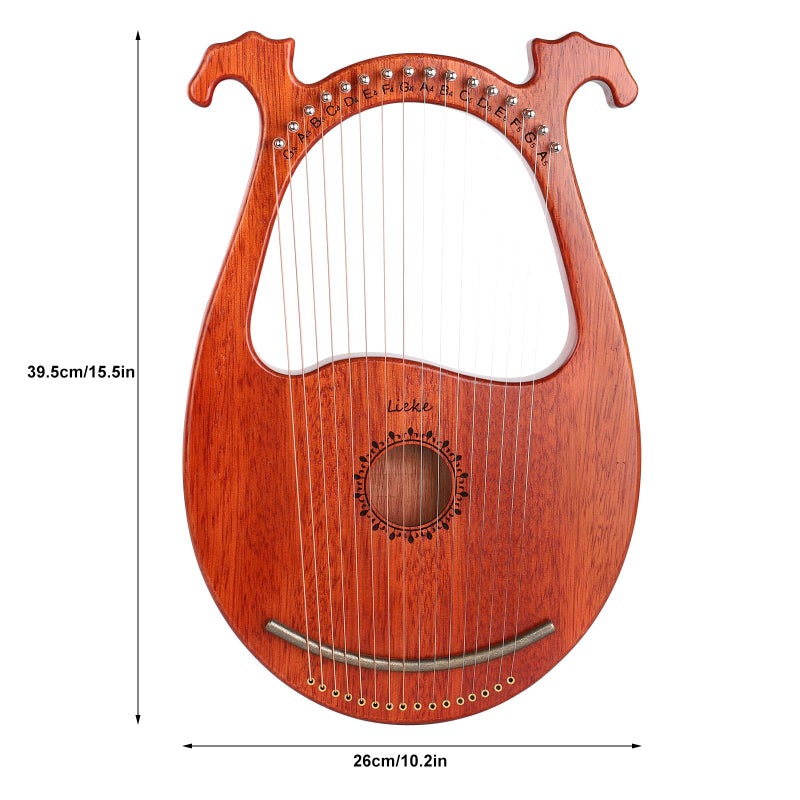 LIEKE Lyre Harp 16 Metal Strings,Mahogany Body and Copper Saddle,Mini Harp instrument Gift with Bag Tuning Wrench for Beginner Musician - Image 3