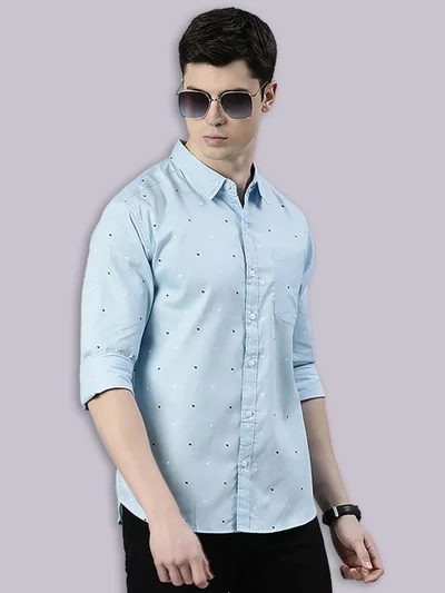Joven Light Blue Printed Cotton Casual Shirt for Men