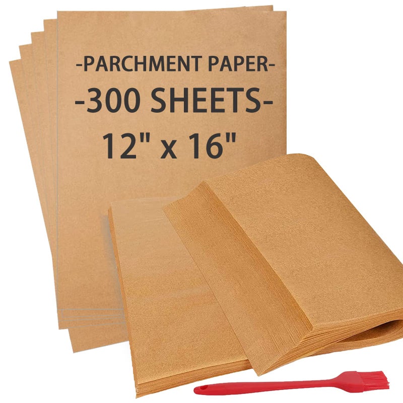 YULEER YULEER Parchment Paper 300 PCS Sheet 1216 Inch Unbleached Parchment Paper with a Silicone Brush Suitable for Baking Cooking Steaming Air Fryer Grilling Roasting Cookies 