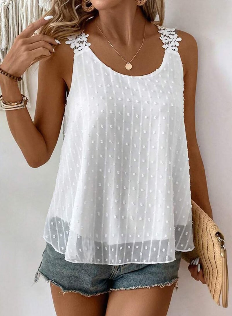 Falechay Boho Tank Top for Women Womens Summer Tops Boat Neck Lace Basic Tee Spring Shirts Holiday Flowy Chiffon Blouses Sleeve Clothing White Oversized 2XL - Image 4