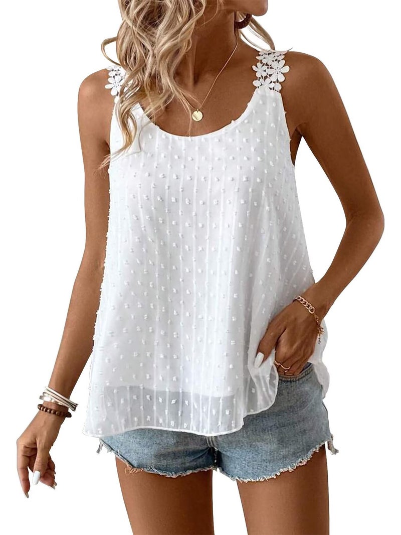 Falechay Boho Tank Top for Women Womens Summer Tops Boat Neck Lace Basic Tee Spring Shirts Holiday Flowy Chiffon Blouses Sleeve Clothing White Oversized 2XL - Image 1