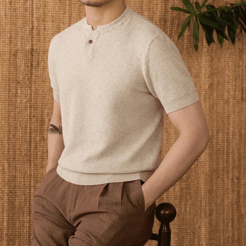 Pineapple Stitching Texture Casual Simple Men'S Henry Collar T-Shirt Solid Color Loose All-Match Short-Sleeve Sweater - Image 5