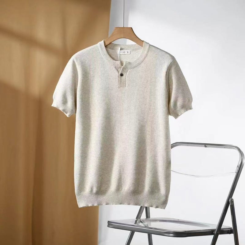 Pineapple Stitching Texture Casual Simple Men'S Henry Collar T-Shirt Solid Color Loose All-Match Short-Sleeve Sweater - Image 1