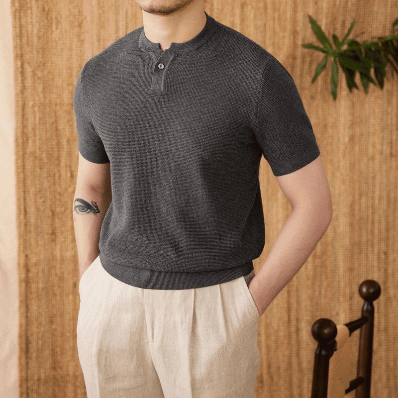 Pineapple Stitching Texture Casual Simple Men'S Henry Collar T-Shirt Solid Color Loose All-Match Short-Sleeve Sweater - Image 4
