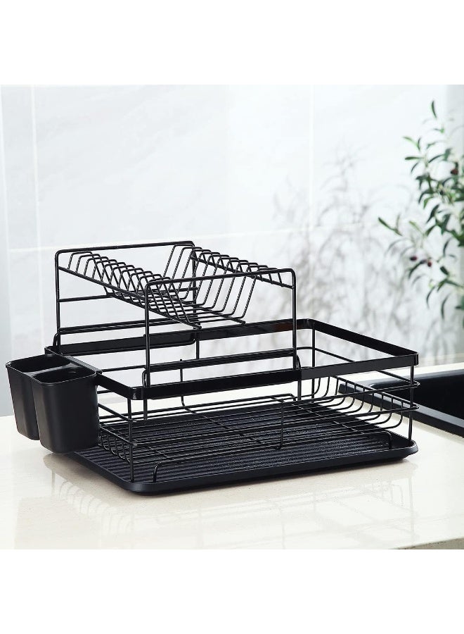 منظم أطباق وأواني مطبخ معدني مع صينية تصريف – رف تجفيف صحون متعدد الاستخدامات مع حامل أدوات مائدة، تصميم موفر للمساحة للمطبخ - Image 1