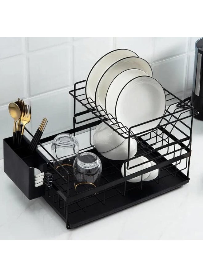 منظم أطباق وأواني مطبخ معدني مع صينية تصريف – رف تجفيف صحون متعدد الاستخدامات مع حامل أدوات مائدة، تصميم موفر للمساحة للمطبخ - Image 3