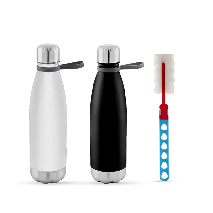MARU Stainless Steel Water Bottle | Single Walled Stylish Water Bottle with Cleaning Brush- 700ml (White + Black) - Image 1