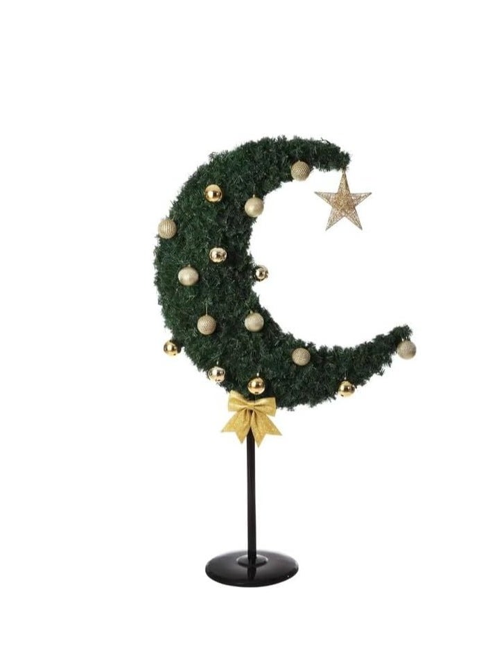 Homesmiths Homesmiths Ramadan Crescent Moon Tree Green Color 90cm with 60 string Lights Battery Operated, 8 Balls, Star & Bow  - Image 1