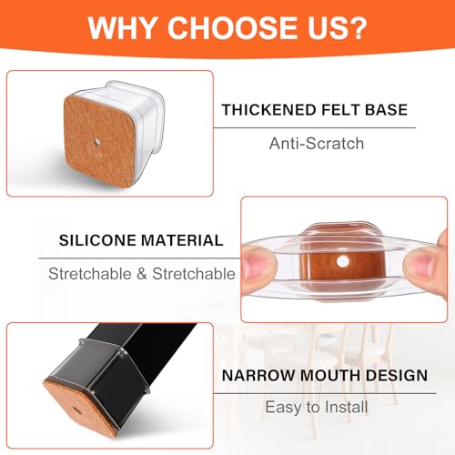 Ansible 24 pcs Square Large Chair Leg Floor Protectors, Furniture Felt Pads Silicone Covers caps for Chairs,Chair Leg Protectors for Hardwood Floors (Large fit:1'' to 1-5/8'') - Image 4