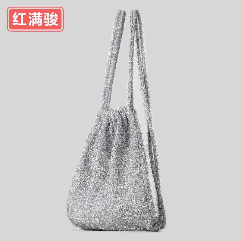 Artistic Cute Knitted Shoulder Bag Bundle Mouth Gold Wire Large Capacity Backpack Student Casual Drawstring Schoolbag Women - Image 3