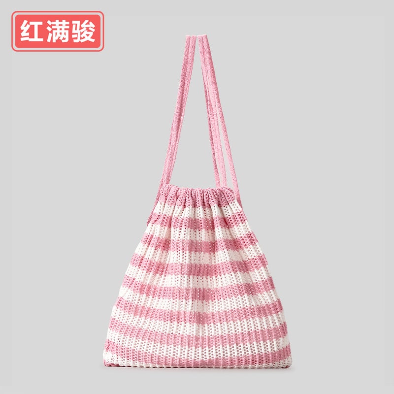 Artistic Cute Knitted Shoulder Bag Bundle Mouth Gold Wire Large Capacity Backpack Student Casual Drawstring Schoolbag Women - Image 1