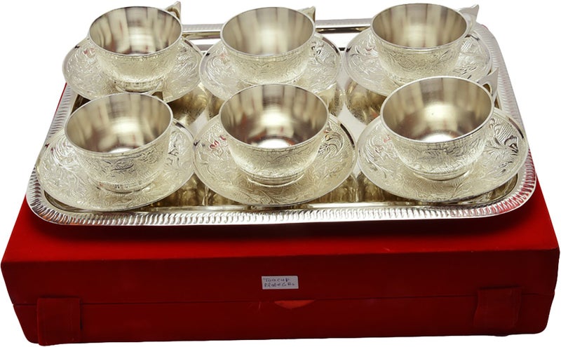 Jaipur ACE Silver Plated 6 Cup Set with Plates | 200 ML Royal Tea Coffee Cups in Velvet Box | Decorative Silver Tea Cup Set for Wedding, Anniversary & Festive Gifts - Image 2