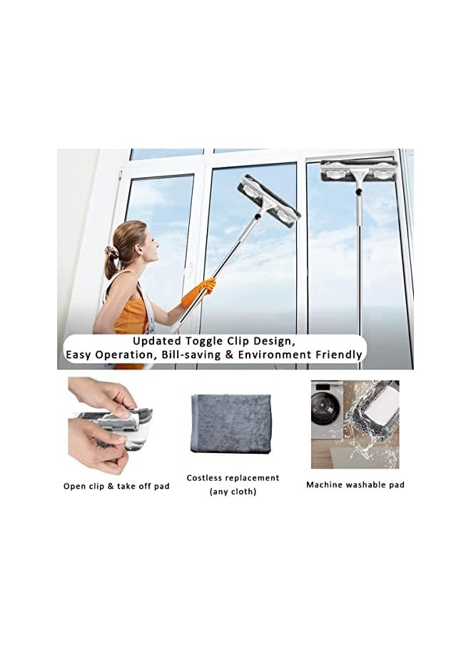 Squeegee Glass Cleaner Telescopic Window Scrubber 2 in 1 Window Cleaning Tool Kit with Long Handle Extension Pole Soft Silicone Strip for Car Shower Glass High Windows 2 Microfiber Pads 140cm