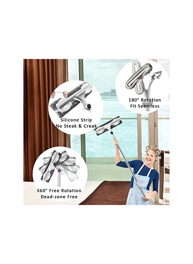 Squeegee Glass Cleaner Telescopic Window Scrubber 2 in 1 Window Cleaning Tool Kit with Long Handle Extension Pole Soft Silicone Strip for Car Shower Glass High Windows 2 Microfiber Pads 140cm