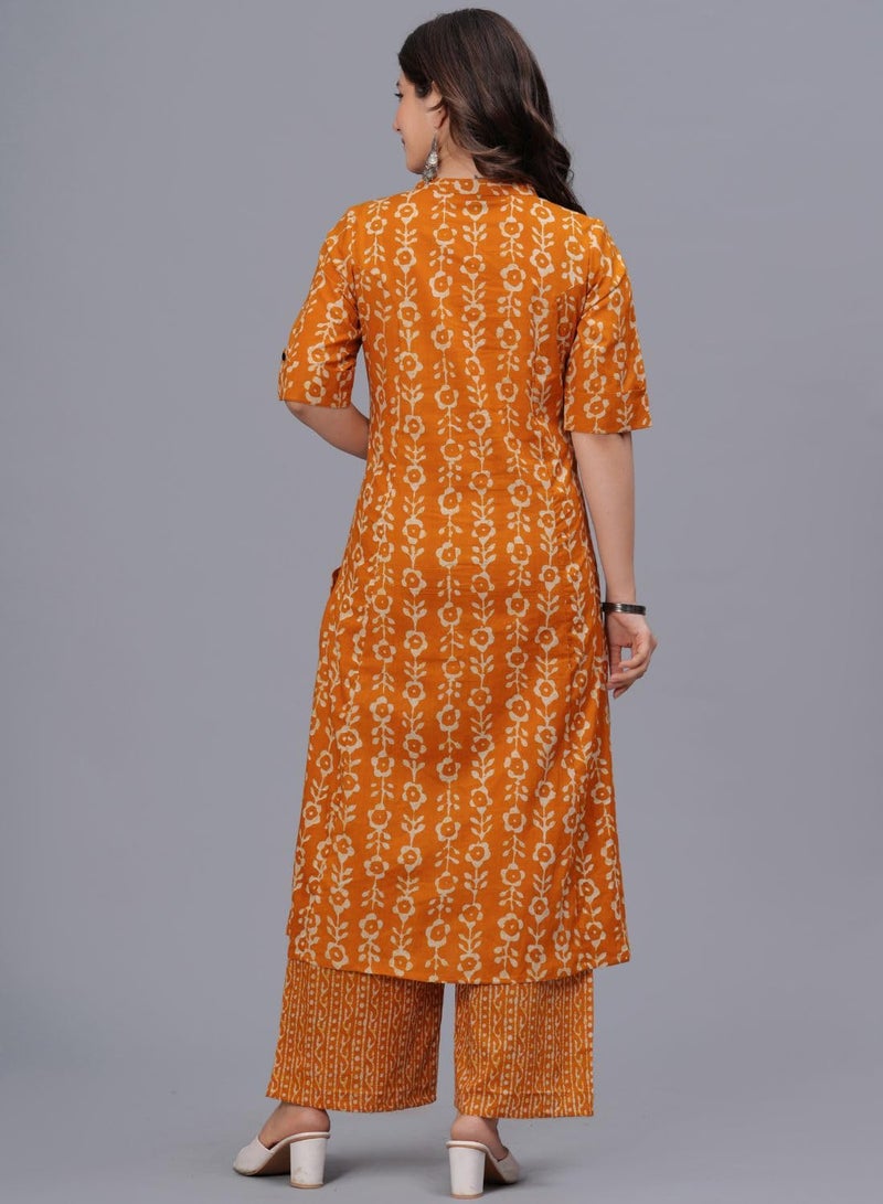 rytras Women's Pure Cotton Printed A-Line Kurta Set with Palazzo Pants - Ethnic Wear, Mustard(RYT622-New,XL) - Image 2