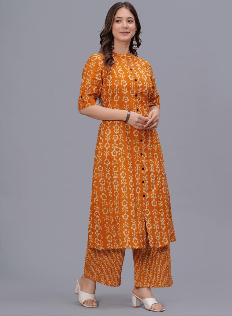 rytras Women's Pure Cotton Printed A-Line Kurta Set with Palazzo Pants - Ethnic Wear, Mustard(RYT622-New,XL) - Image 4