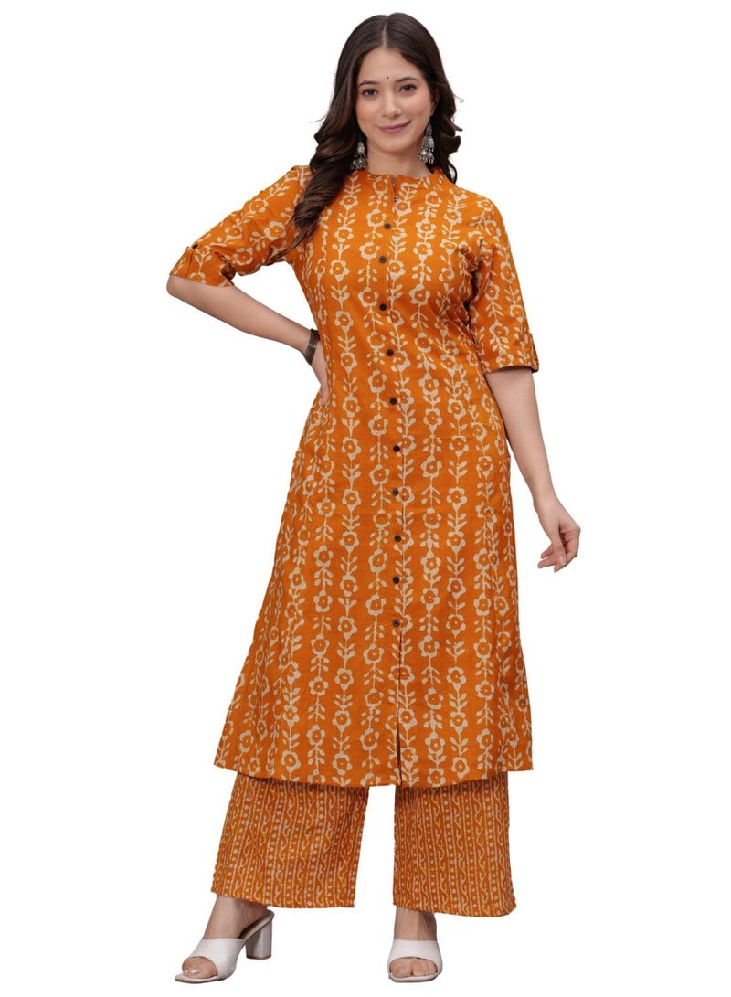 rytras Women's Pure Cotton Printed A-Line Kurta Set with Palazzo Pants - Ethnic Wear, Mustard(RYT622-New,XL) - Image 1
