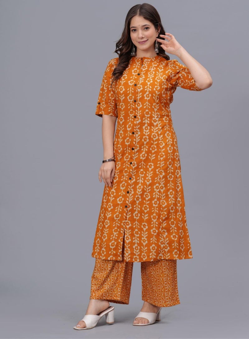 rytras Women's Pure Cotton Printed A-Line Kurta Set with Palazzo Pants - Ethnic Wear, Mustard(RYT622-New,XL) - Image 3