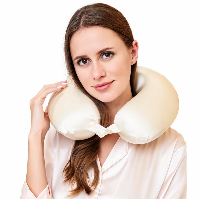 ROSEWARD 100 Mulberry Silk Neck Pillow for Travel 22 Momme Real Silk Travel Pillow for Pain Relief SleepingSilk Airplane Pillow Anti Wrinkle Travel Pillow Made in USA Champagne - Image 2