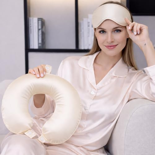 ROSEWARD 100 Mulberry Silk Neck Pillow for Travel 22 Momme Real Silk Travel Pillow for Pain Relief SleepingSilk Airplane Pillow Anti Wrinkle Travel Pillow Made in USA Champagne - Image 3