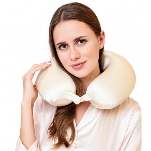 ROSEWARD 100 Mulberry Silk Neck Pillow for Travel 22 Momme Real Silk Travel Pillow for Pain Relief SleepingSilk Airplane Pillow Anti Wrinkle Travel Pillow Made in USA Champagne - Image 1