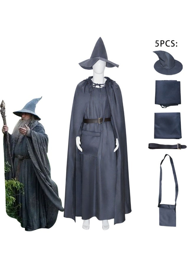 Wizard Costume Mens  Robe Hooded Cloak with Hat Halloween Grey Wizard Costume - Image 1
